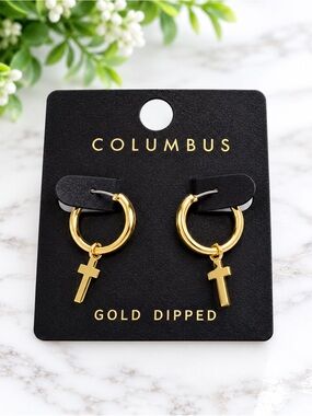 Columbus Small Gold-Dipped Hoop Earrings with Cross Charms